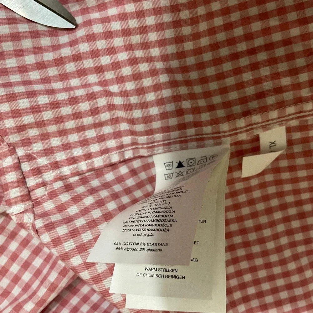 Michael Kors Slim Fit stretch short sleeved  plaid red ‎ white Women's blouse XL